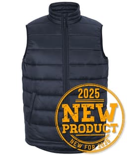 A navy puffer vest with a high collar and a front zipper, featuring a logo on the upper left side.