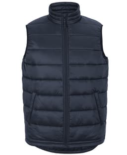 A dark navy puffer vest with a high collar, front zip, and side pockets. It features a logo on the front.