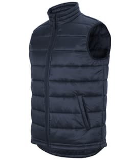A navy puffer vest with a high collar, zip front, and side pockets. It features a logo on the front.