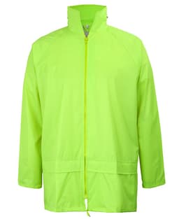 A bright green rain jacket featuring a zip front and a collar, with a logo on one side.