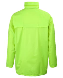 A bright lime green rain jacket featuring a high collar and a back cape design. It has a brand logo.