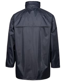 A black rain jacket with a high collar and a back vent, featuring a logo.