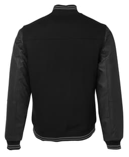 A black varsity jacket featuring leather sleeves and a ribbed collar. The back view showcases its sleek design.
