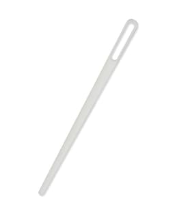 A slim, white threading needle with an elongated design and a large eye for easily threading drawcords.
