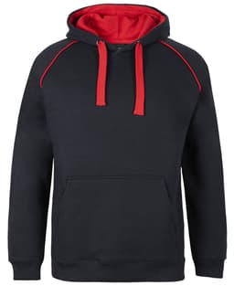 A black fleece hoodie with red accents and two red drawstrings, featuring a front pocket and a hood.