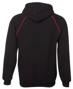 A black hoodie featuring contrasting red stitching and a hood. It has a logo on the back.