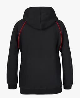 A black hoodie featuring red contrast stitching and a hood, with a logo on the back.