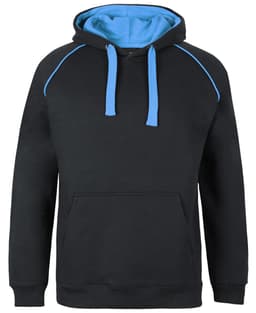 A black hoodie with a light blue inside hood and contrasting blue detailing, featuring a front pocket and drawstrings.
