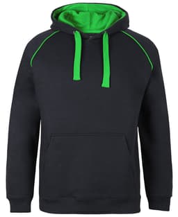 A black hoodie with a green interior and contrast stitching, featuring a front pocket and a drawstring hood.