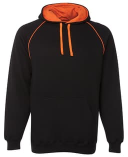 A black hoodie featuring an orange contrast lining and drawstrings, with a front pocket and a branded logo.