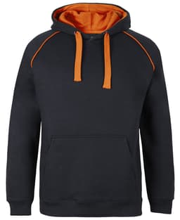 A black hoodie with orange accents, featuring a front pocket and a hood with drawstrings. It has a logo.