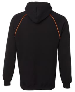 A black hoodie featuring orange contrast stitching along the seams and a hood. It has a branding logo.