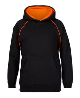A black hoodie featuring an orange interior and contrasting stitching, complete with a kangaroo pocket and a logo.