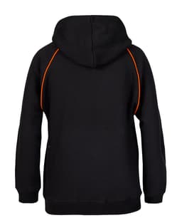 A black hoodie with orange contrast stitching, featuring a hood and long sleeves. It has a logo on the garment.