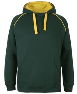A green hoodie with a yellow inner lining and contrasting seams, featuring a front pocket and a drawstring hood.