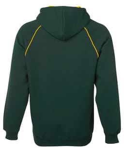 A green hoodie with yellow contrast stitching and a hood, featuring a logo on the back.