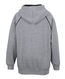 A grey hoodie with a contrasting black lining and hood, featuring a logo on the back.