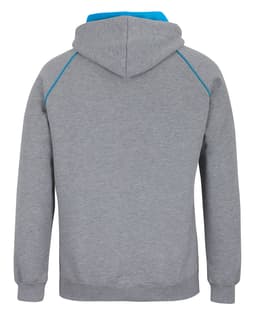 A grey hoodie with a blue contrast hood and detailing, featuring a logo. The back view shows the design and fit.