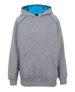 A grey hoodie with a blue interior lining and contrasting blue stitching. It has a front pouch pocket and a logo.