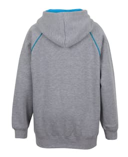 A grey hoodie featuring a blue contrast trim, with a hood and kangaroo pocket, showing the back view.