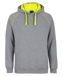 A grey hoodie featuring a contrasting neon yellow hood and detailing, complete with a front pocket and a logo.