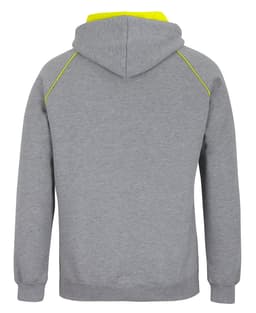 A grey hoodie with a contrasting neon yellow trim and a hood. It features a logo on the back.