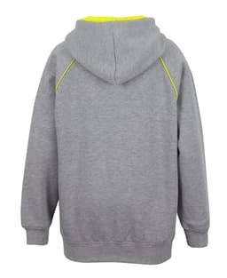 A grey hoodie featuring a contrast yellow lining and a hood, showcasing a relaxed fit and a simple design.