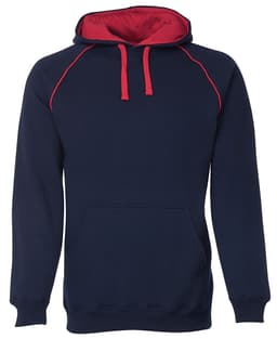 A navy blue hoodie with contrasting red accents on the hood and drawstrings, featuring a front pocket and logo.