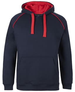 A navy hoodie with red accents and a kangaroo pocket, featuring a hood and drawstrings. It has a logo on it.