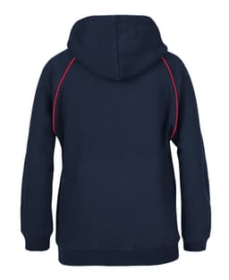 A navy hoodie featuring contrasting red detailing and a hood. It has a logo on the back.