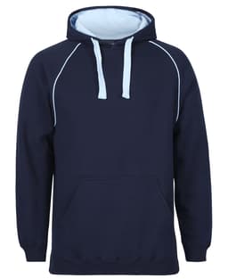 A navy hoodie with light blue accents and a front pocket, featuring a hood and a logo.