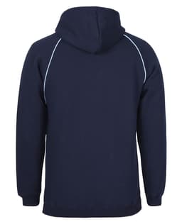 A navy hoodie with a contrasting piped design, featuring a kangaroo pocket and a hood, has a subtle logo.