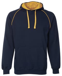 A navy hoodie with a contrasting yellow interior and drawstrings, featuring a front pocket and a logo.