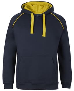 A navy blue hoodie with yellow contrast details and a front pocket. It features a hood and a logo.