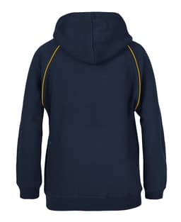 A navy hoodie featuring contrast yellow stitching and a hood. Includes a logo on the front.
