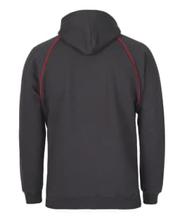 A dark grey hoodie featuring red contrast stitching and a hood, with a logo on the back.