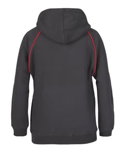 A black hoodie featuring red contrast detailing and a hood, showcasing the back view. It has a logo.
