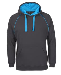A black hoodie with a blue lined hood and blue drawstrings, featuring a front pocket and a logo on the label.