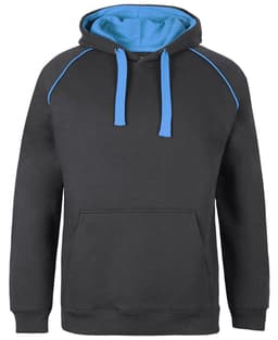 A grey hoodie with a blue hood and drawstrings, featuring a front pocket and a branded logo.