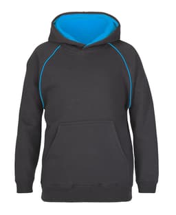 A black hoodie with a blue interior and contrasting stitching, featuring a front pocket and a hood.
