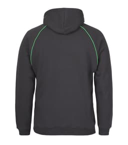 A black hoodie with green contrast stitching, featuring a hood and a logo on the back.