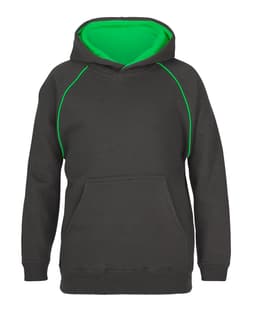 A black hoodie with a green interior, featuring a kangaroo pocket and contrasting stitching. It has a logo.