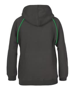 A black hoodie featuring green contrast stitching along the seams and a hood at the back.