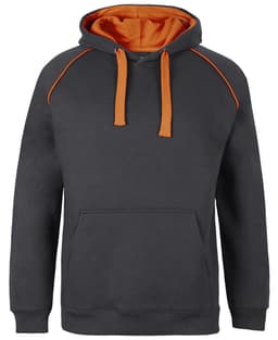 A dark grey hoodie featuring an orange interior and contrasting orange detailing, with a front pocket and a hood.