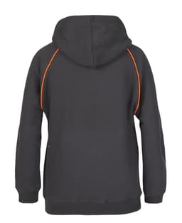 A dark grey hoodie with an orange contrast design and a hood, featuring a logo.