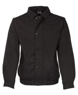A black polar fleece jacket with a collar, snap buttons, and side pockets. It features a logo.