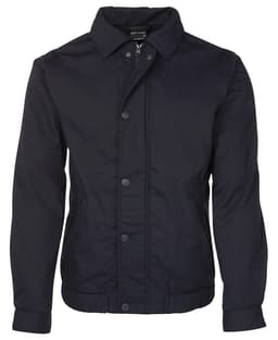 A dark navy polar fleece jacket with a collar and snap-button front, featuring a logo.
