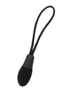 A black changeable zip puller with a looped cord for easy attachment. It has a textured grip for better handling.