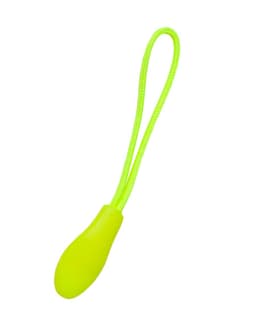 A bright yellow zip puller with a textured grip and a looped cord for easy attachment.