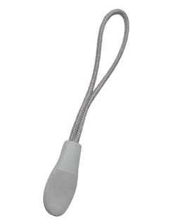 A grey changeable zip puller with a textured grip and a flexible loop for attachment.